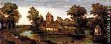 A moated tower with farmhouses by Abel Grimmer